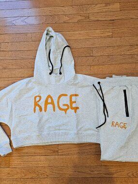 RAGE Gorilla Graphic Crop Hoodie + Joggers Set • Gray • S/M • Lightweight • NEW